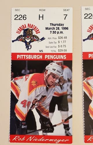 1996 NHL Florida Panthers TICKET STUB LOT OF 2 Mar 28 96 v Pitt. Rob Niedermayer - Image 1