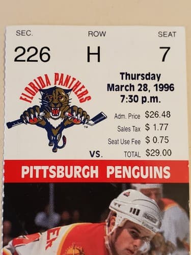 1996 NHL Florida Panthers TICKET STUB LOT OF 2 Mar 28 96 v Pitt. Rob Niedermayer - Thumbnail 5