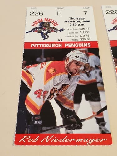 1996 NHL Florida Panthers TICKET STUB LOT OF 2 Mar 28 96 v Pitt. Rob Niedermayer - Thumbnail 4