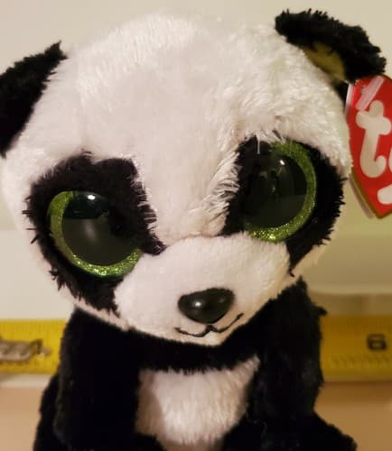 TY Beanie BOOS "Bamboo". rare. Black white panda bear w big green sparkle eyes. - Image 1
