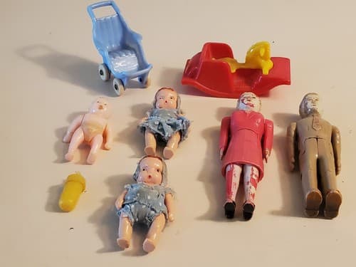 Vtg RENWAL 50s Baby Toys LOT of 8. Father, Mother, 3 babies, stroller, horse - Thumbnail 2