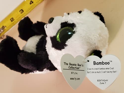 TY Beanie BOOS "Bamboo". rare. Black white panda bear w big green sparkle eyes. - Thumbnail 2