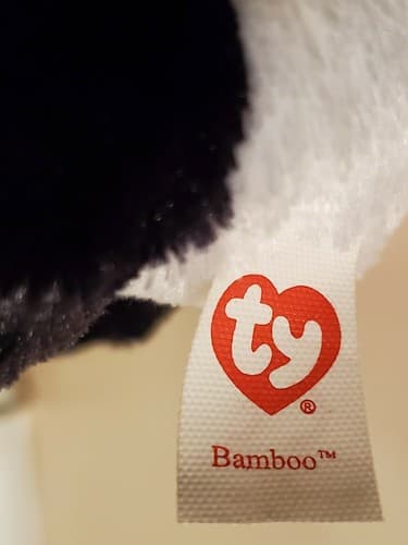 TY Beanie BOOS "Bamboo". rare. Black white panda bear w big green sparkle eyes. - Thumbnail 9