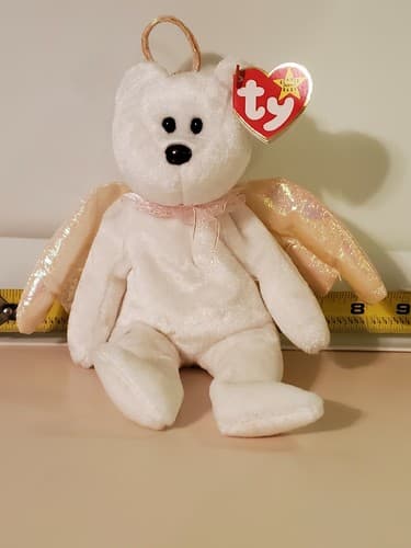 TY Beanie Babies "Halo" 1998 rare White bear w brown nose, gold iridescent wings - Thumbnail 2