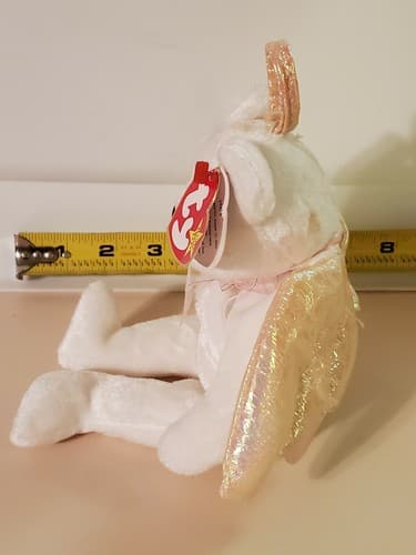 TY Beanie Babies "Halo" 1998 rare White bear w brown nose, gold iridescent wings - Thumbnail 6