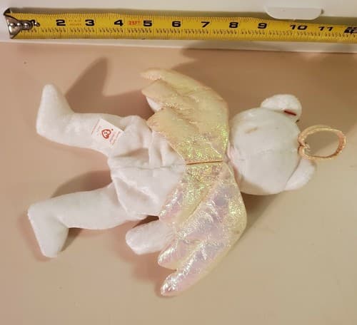 TY Beanie Babies "Halo" 1998 rare White bear w brown nose, gold iridescent wings - Thumbnail 8