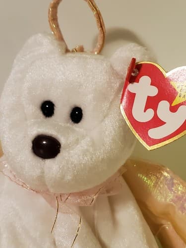 TY Beanie Babies "Halo" 1998 rare White bear w brown nose, gold iridescent wings - Image 1