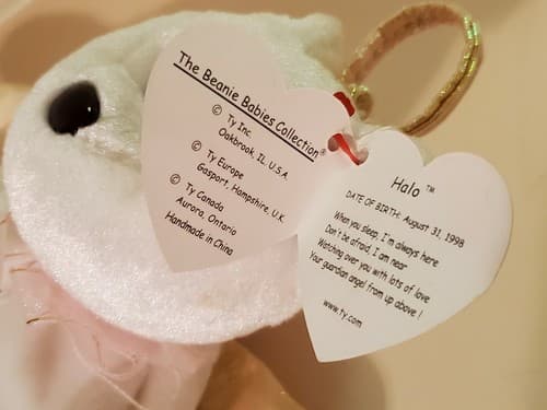 TY Beanie Babies "Halo" 1998 rare White bear w brown nose, gold iridescent wings - Thumbnail 4