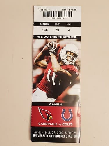 2009 NFL Arizona Cardinals ticket stub. SEP 27 2009 v Indianapolis Colts 10-31L - Image 1