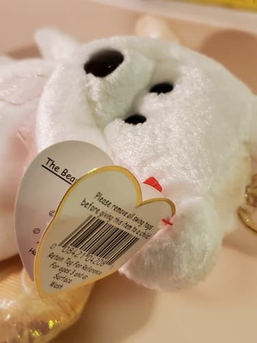 TY Beanie Babies "Halo" 1998 rare White bear w brown nose, gold iridescent wings - Thumbnail 10