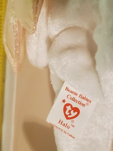 TY Beanie Babies "Halo" 1998 rare White bear w brown nose, gold iridescent wings - Thumbnail 9