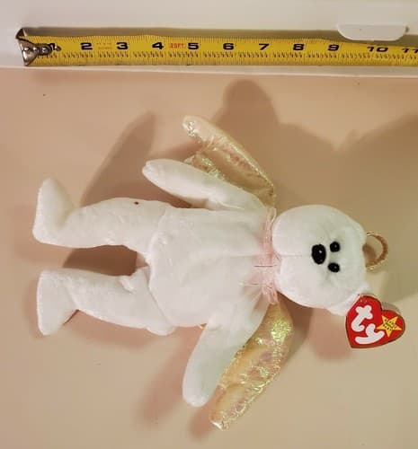 TY Beanie Babies "Halo" 1998 rare White bear w brown nose, gold iridescent wings - Thumbnail 7