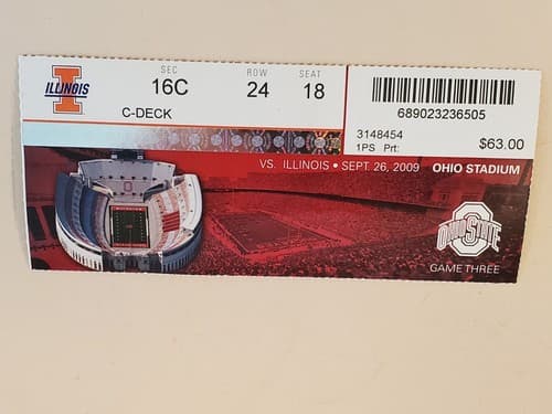 2009 NCAA Ohio State University ticket stub. SEP 26 2009 v Illinois (30-0W) - Image 1