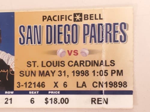 1998 MLB San Diego Padres Ticket Stub. MAY 31 1998 v St Louis Cardinals (7-3W) - Thumbnail 9