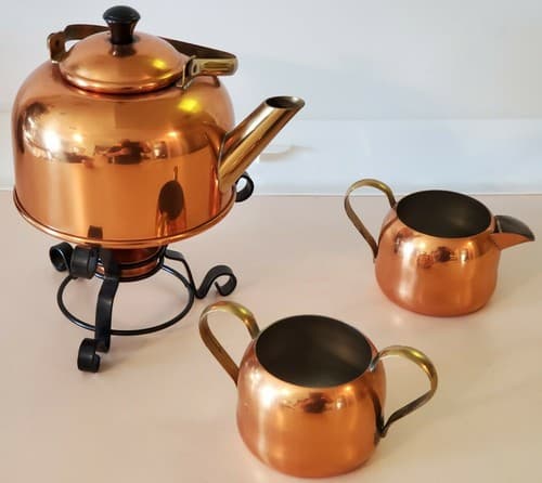Premium Copper Tea Set by Coppercraft, Taunton, MA. 22 oz. tea pot, cream, sugar - Image 1