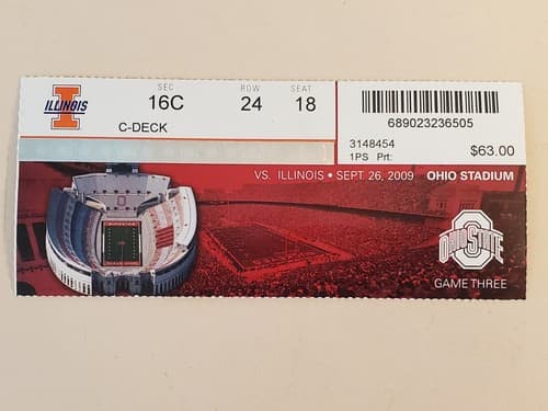 2009 NCAA Ohio State University ticket stub. SEP 26 2009 v Illinois (30-0W) - Thumbnail 4