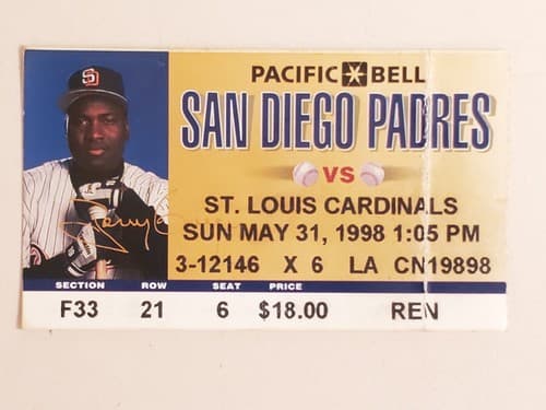 1998 MLB San Diego Padres Ticket Stub. MAY 31 1998 v St Louis Cardinals (7-3W) - Image 1