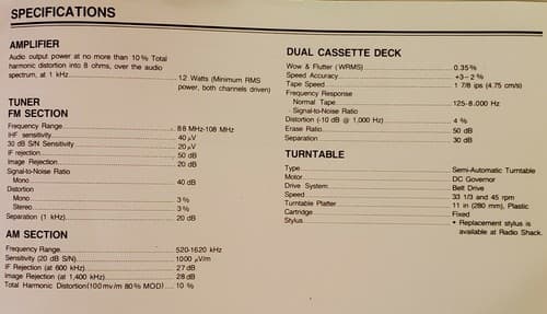 Realistic Clarinette 124 AM/FM Stereo dubbing 2-cassette music system+ turntable - Thumbnail 11