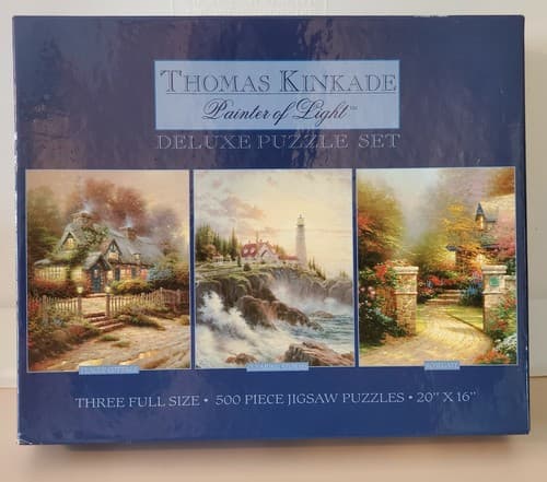 Thomas Kinkade Deluxe Puzzle Set. Three 500-Piece 20" x 16". Teacup Rosegate NEW - Image 1