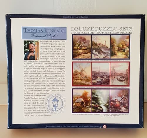 Thomas Kinkade Deluxe Puzzle Set. Three 500-Piece 20" x 16". Teacup Rosegate NEW - Thumbnail 2