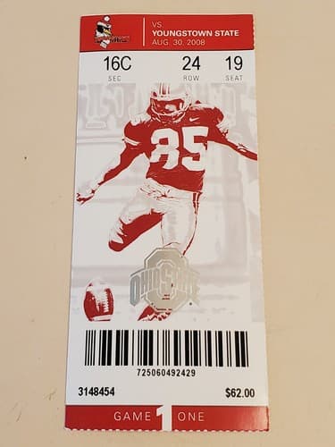 2008 NCAA Ohio State Univ ticket stub. AUG 30 2008 v Youngstown State 43-0W. - Image 1