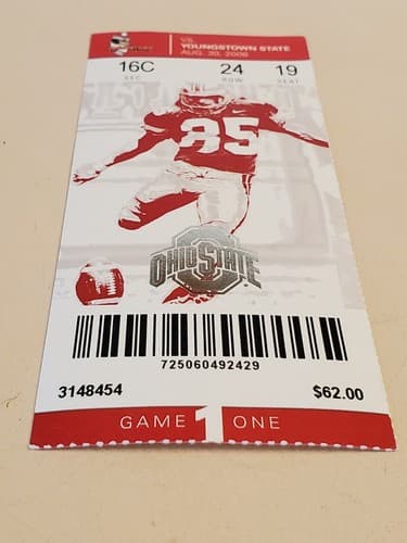 2008 NCAA Ohio State Univ ticket stub. AUG 30 2008 v Youngstown State 43-0W. - Thumbnail 7