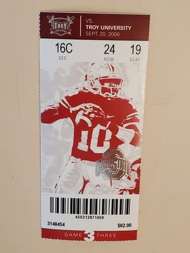 2008 NCAA Ohio State Univ ticket stub. SEP 20 2008 v Troy Univ (28-10W) Two ava - Image 1