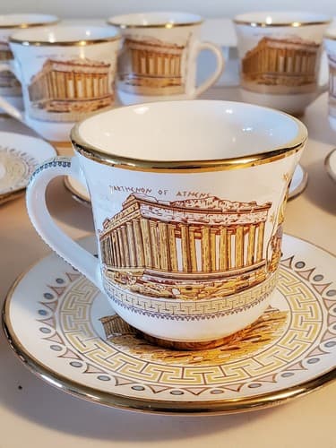 SM Handmade In Greece Gold 24k Cup & Saucer LOT OF 6. Parthenon of Athens motif - Image 1