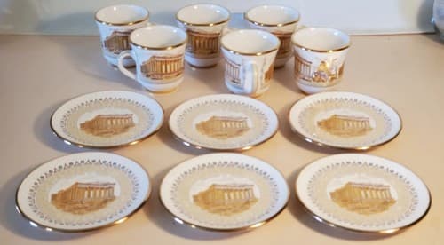 SM Handmade In Greece Gold 24k Cup & Saucer LOT OF 6. Parthenon of Athens motif - Thumbnail 6