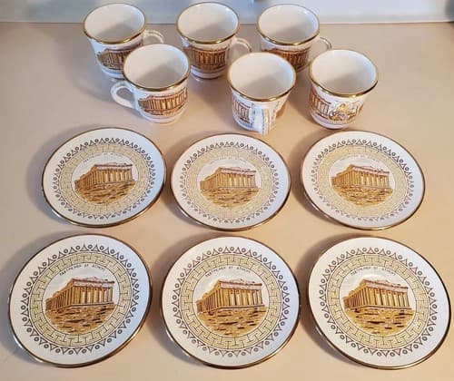 SM Handmade In Greece Gold 24k Cup & Saucer LOT OF 6. Parthenon of Athens motif - Thumbnail 2