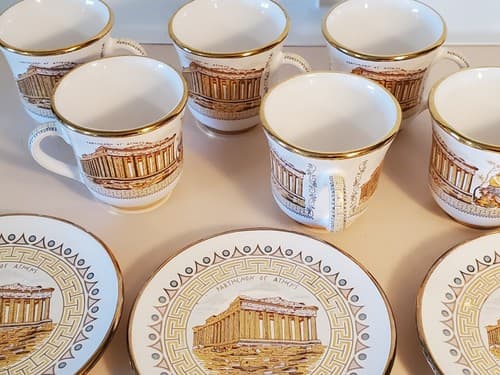 SM Handmade In Greece Gold 24k Cup & Saucer LOT OF 6. Parthenon of Athens motif - Thumbnail 11