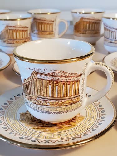 SM Handmade In Greece Gold 24k Cup & Saucer LOT OF 6. Parthenon of Athens motif - Thumbnail 8