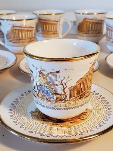 SM Handmade In Greece Gold 24k Cup & Saucer LOT OF 6. Parthenon of Athens motif - Thumbnail 10
