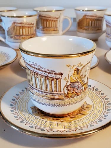 SM Handmade In Greece Gold 24k Cup & Saucer LOT OF 6. Parthenon of Athens motif - Thumbnail 9