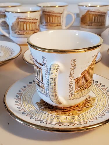 SM Handmade In Greece Gold 24k Cup & Saucer LOT OF 6. Parthenon of Athens motif - Thumbnail 7