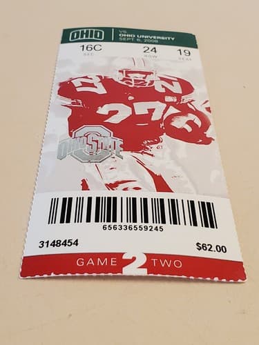 2008 NCAA Ohio State Univ ticket stub. SEP 6 2008 v Ohio Univ (26-14W) Two ava - Thumbnail 6
