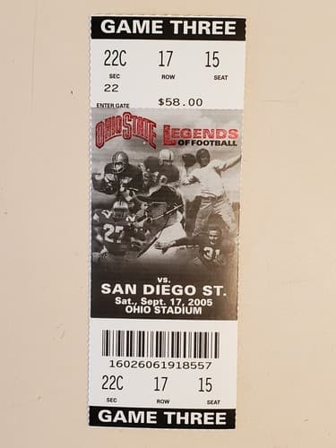 2005 NCAA Ohio State Univ ticket stub. SEP 15 2005 v San Diego St 27-6W Two Ava - Image 1