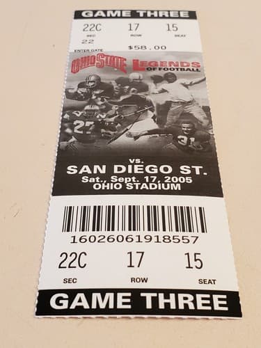 2005 NCAA Ohio State Univ ticket stub. SEP 15 2005 v San Diego St 27-6W Two Ava - Thumbnail 4