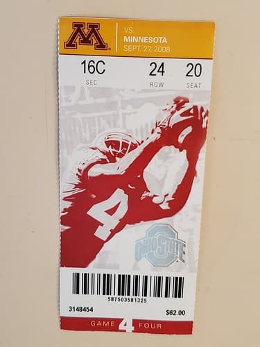2008 NCAA Ohio State Univ ticket stub. SEP 27 2008 v Minnesota (34-21W) Two ava - Thumbnail 10