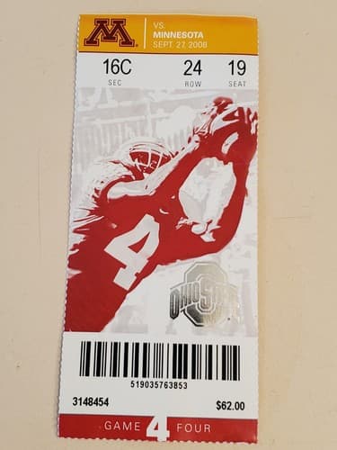 2008 NCAA Ohio State Univ ticket stub. SEP 27 2008 v Minnesota (34-21W) Two ava - Image 1