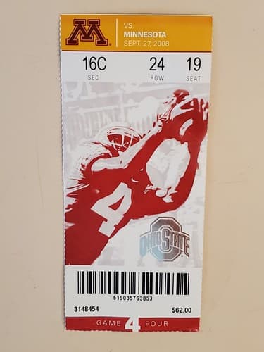 2008 NCAA Ohio State Univ ticket stub. SEP 27 2008 v Minnesota (34-21W) Two ava - Thumbnail 8