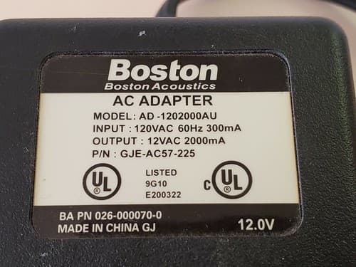 Boston Acoustics AC Power Adapter (#AD-1202000AU). Used, excellent condition. - Image 1