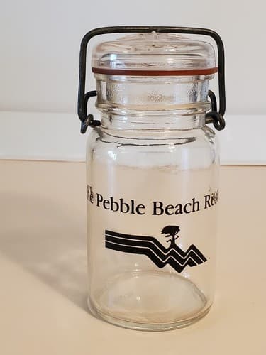 THE PEBBLE BEACH CLUB Glass Jar glass lid wire seal Lone Cypress Tree Logo RARE - Thumbnail 4