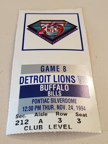 1994 NFL Detroit Lions Ticket Stub. Nov 24 1994 Buffalo Bills @ Lions 212A 3 3 - Thumbnail 4
