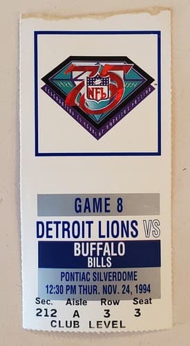 1994 NFL Detroit Lions Ticket Stub. Nov 24 1994 Buffalo Bills @ Lions 212A 3 3 - Image 1