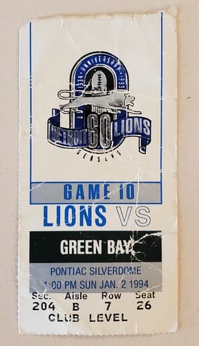1994 NFL Detroit Lions Ticket Stub. Jan 2 1994 Green Bay Pack @ Lions. 204B 7 26 - Image 1