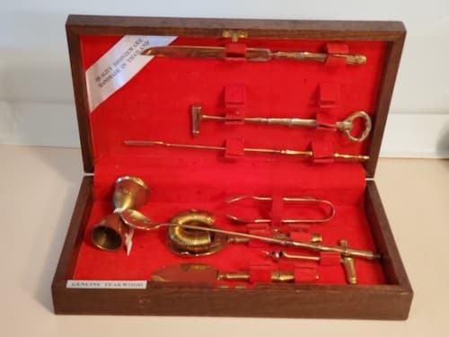 Vtg BRONZE BARTENDER KIT TEAK WOOD Box w knife, jigger bottle opener ++ Thailand - Thumbnail 4