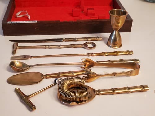 Vtg BRONZE BARTENDER KIT TEAK WOOD Box w knife, jigger bottle opener ++ Thailand - Thumbnail 7