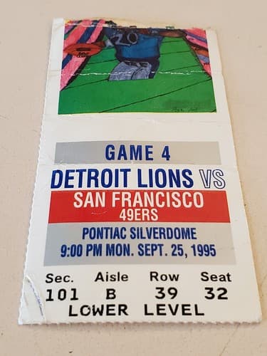 1995 NFL Detroit Lions Ticket Stub. Sep 25 1995 SF 49ers @ Lions 101B 39 32 - Thumbnail 3