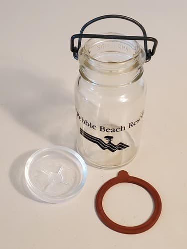 THE PEBBLE BEACH CLUB Glass Jar glass lid wire seal Lone Cypress Tree Logo RARE - Thumbnail 2